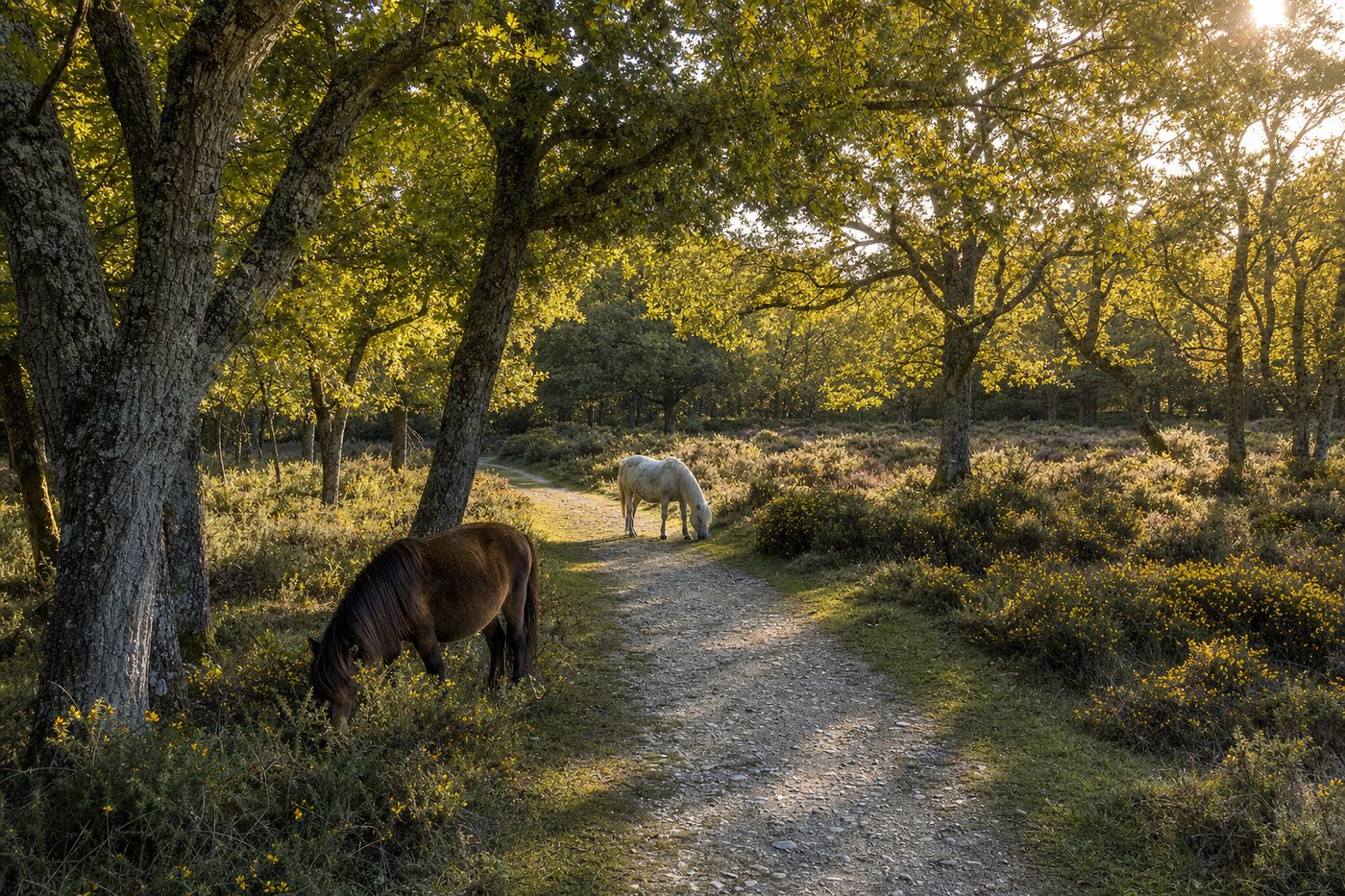 New Forest ponies grazing beside a woodland walking trail