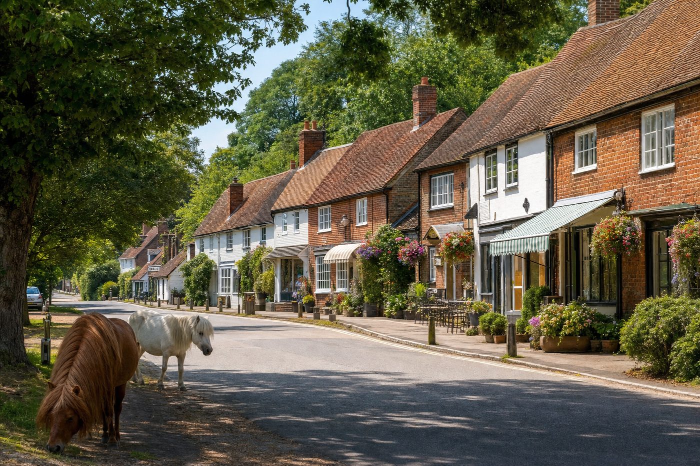 Pretty New Forest village high street with cottages and a roaming pony
