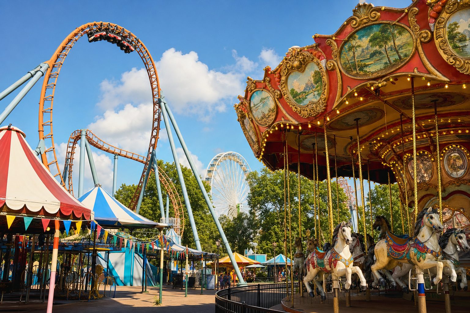Rollercoaster, carousel and big wheel at a family theme park near The Old Poultry Shed glamping base