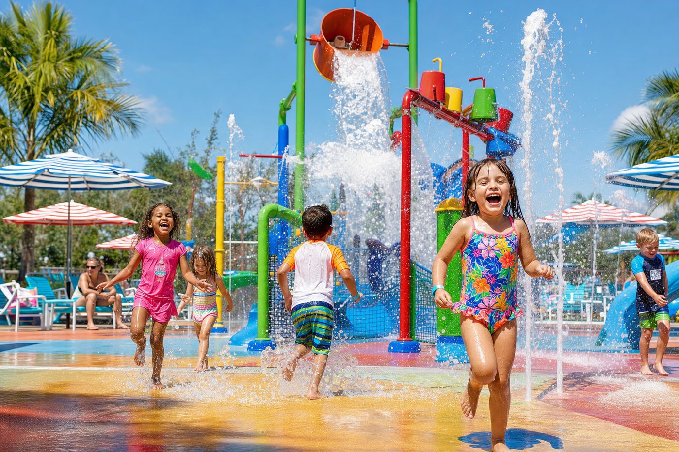 Children laughing and splashing under colourful water jets at a family theme park